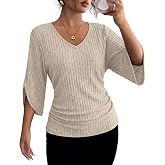 WIHOLL Womens Tops Dressy Casual 3/4 Length Sleeve V Neck Fall Fashion 2026 | tunic tops for women,sweaters for women,Soft Ribbed Knit Fabric with Stretch for All Day Comfort and Easy Movement