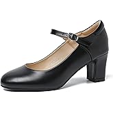 Women's Mary Jane Pumps, Block Heel, Round Toe, Ankle Strap with Buckle, 2.48 Inch Office Church Dress Shoes
