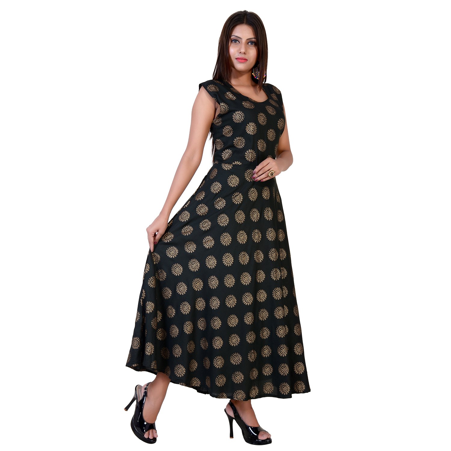 Buy Fabcolors Women S Rayon Gold Print Long One Piece Dress Free Size Black At Amazon In