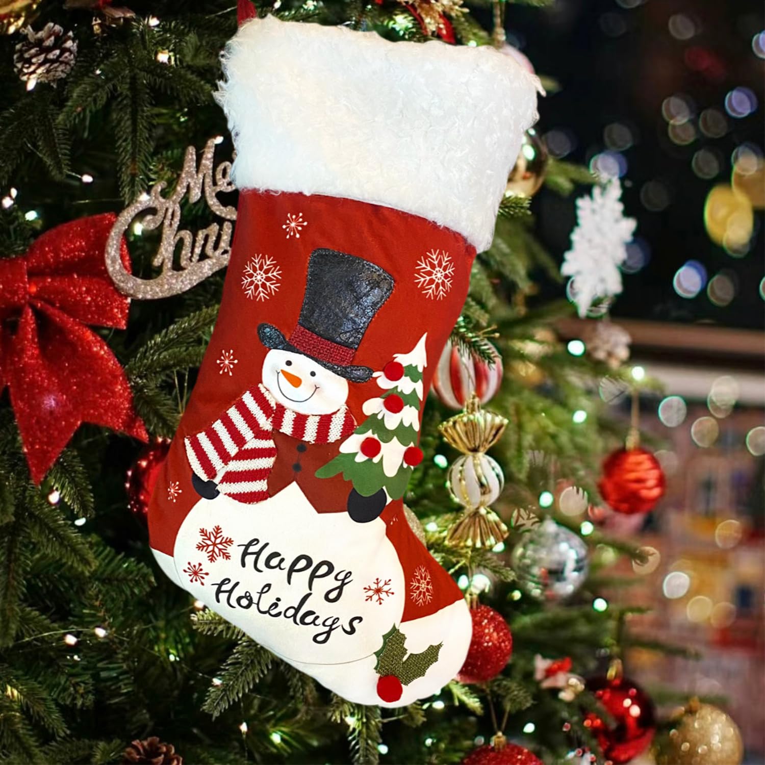 Mauts 20" White Christmas stocking, Christmas decorations stocking With Silver Pearl Snowflakes, Used For Gift Box Mantel Decoration Party Christmas (Red 1) — image 1