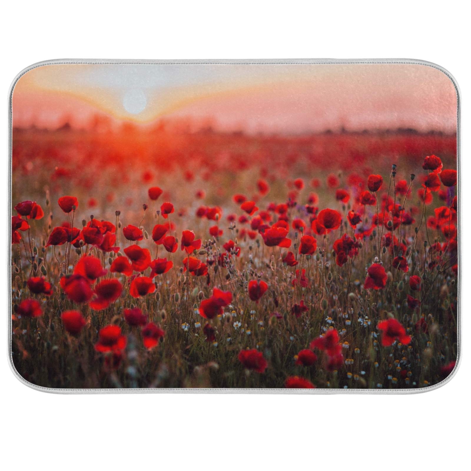 Hunihuni Dish Drying Mat Flower Red Poppy,Absorbent Reversible Dish Drying Pad Dish Drainer Mat for Kitchen Countertop 18x24 in