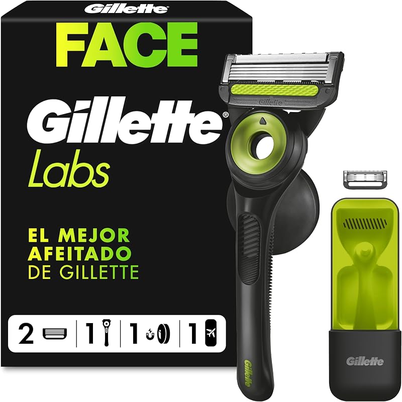 Navalha GilletteLabs Neon Night Edition, 1 pega com barra esfoliante integrada, 2 lâminas de substituição com banda lubrificante, 1 estojo de viagem, 1 gancho de parede