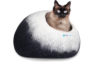 Feltcave Medium Cat Cave Bed | Black & White | Cute and Cozy Cat Cave Handcrafted Merino Wool | Hideaway for Indoor Cats | Warming Nest for Kitty | Washable Wool Fabric - Gift for Pets