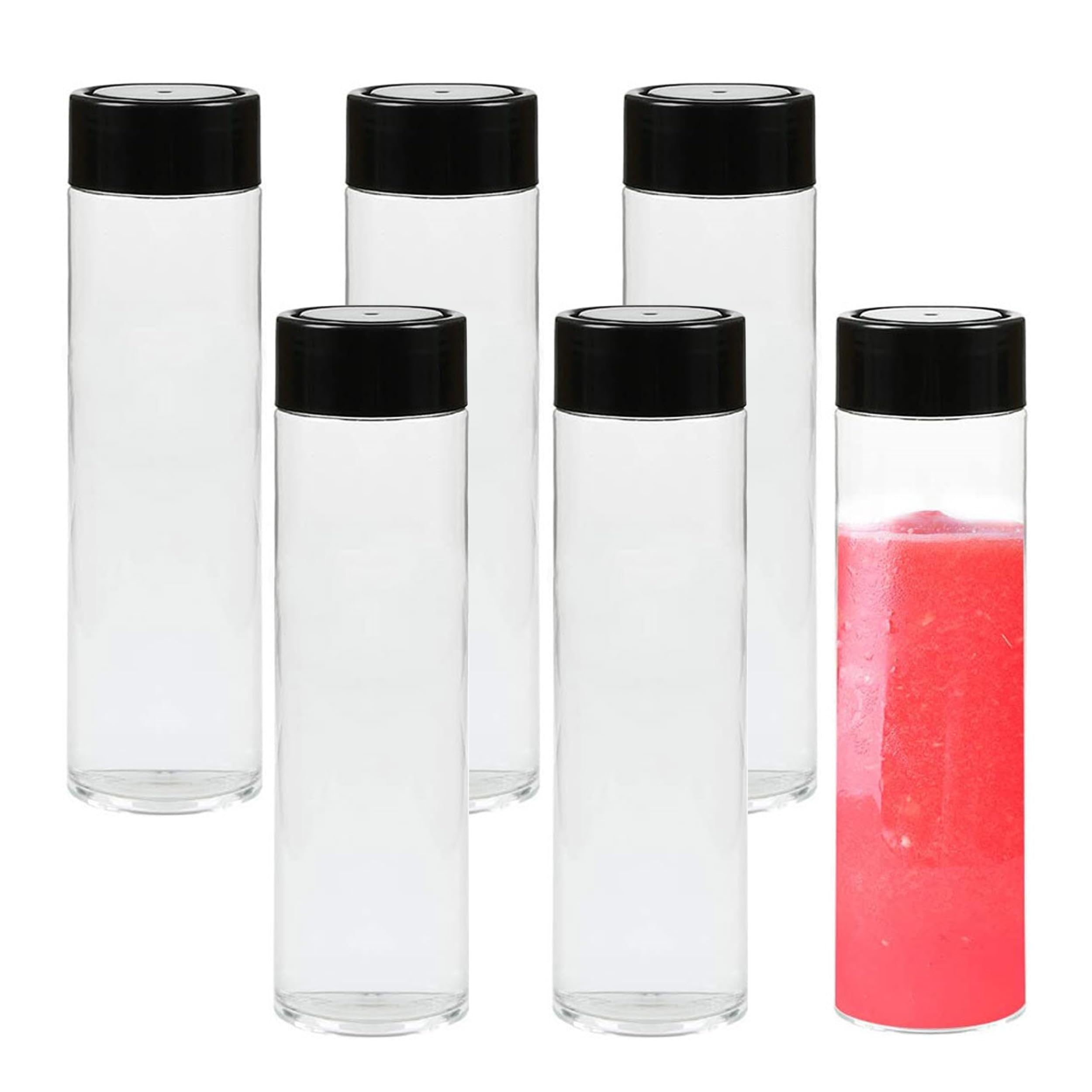 LoNinLoAn 6Pcs Empty Plastic Juice Bottles with Black Lids, 350ml Clear Reusable Sensory Smoothie PET Bottless for Homemade Drinks and Milk