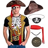 VillbeCoser 5Pcs Pirate Costume Men Anime Captain Shirt Pirates Hat Skull Necklace Head Scarf Eye Patches Cosplay Party