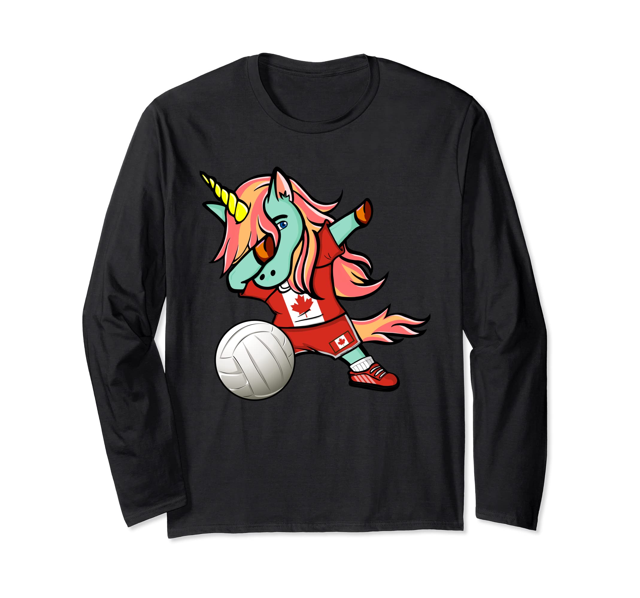 Dabbing Unicorn Canada Volleyball Lover Jersey Canadian Flag Long Sleeve T-Shirt