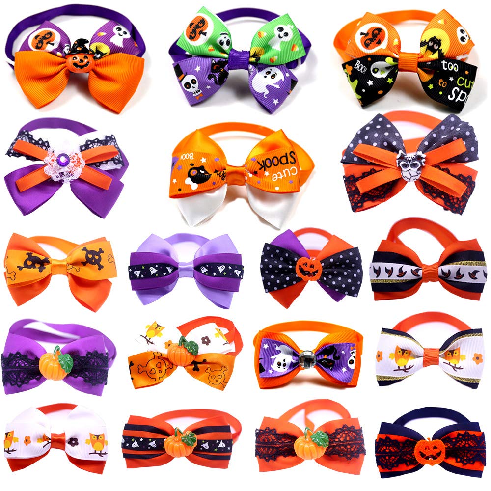BIPY Halloween Dog Bowties for Pet Small Dogs Cats Puppy Bow Ties Necktie Adjustable Collars Assorted Styles for Party Grooming Accessories (Halloween bowties 50pcs)
