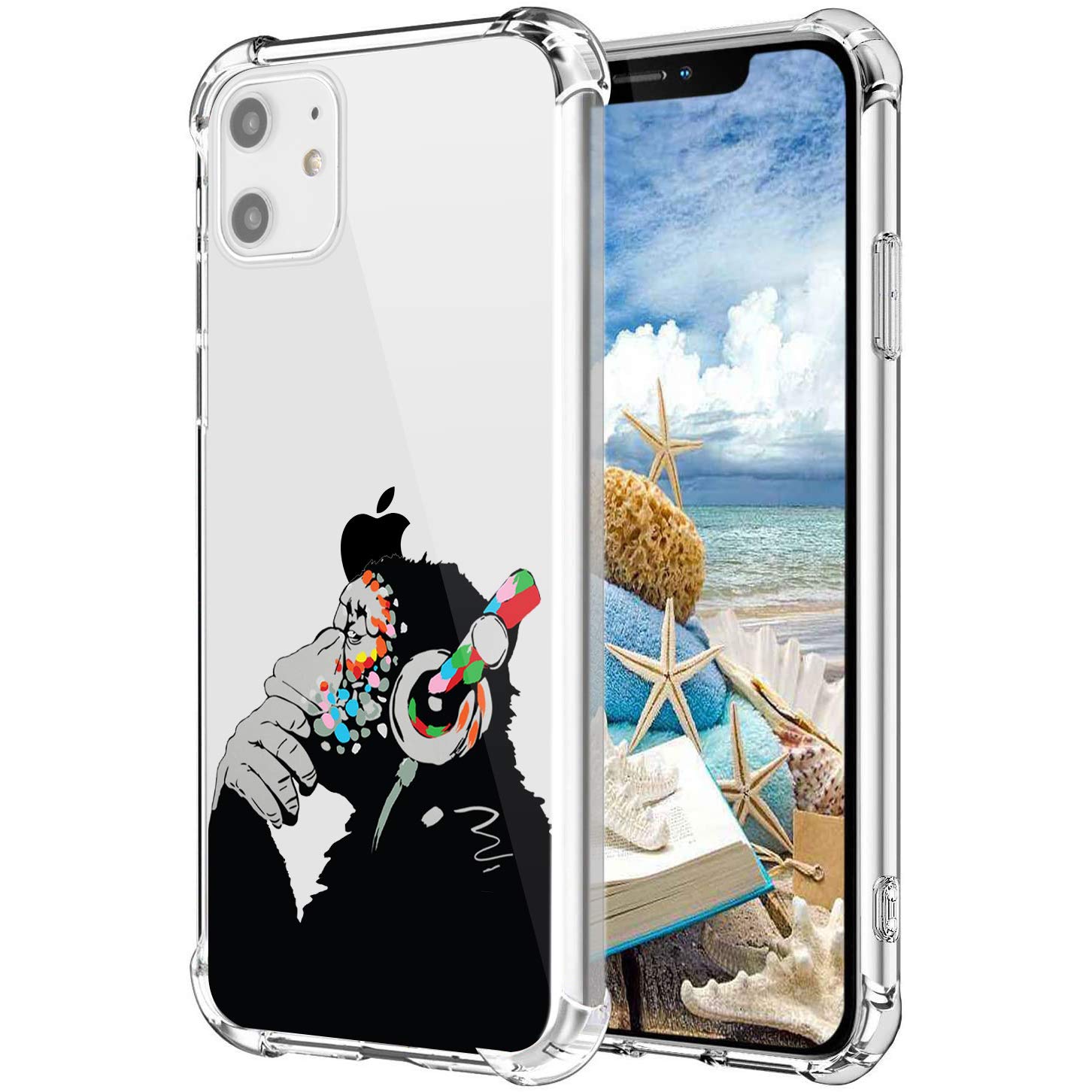 MAYCARI Cool Thinking Monkey Painting Case Clear for iPhone 11 Pro, Funny Animals Design Transparent Shockproof Anti-Scratch Soft Flexible TPU Cover with Air Cushion for Men&Women — image 1