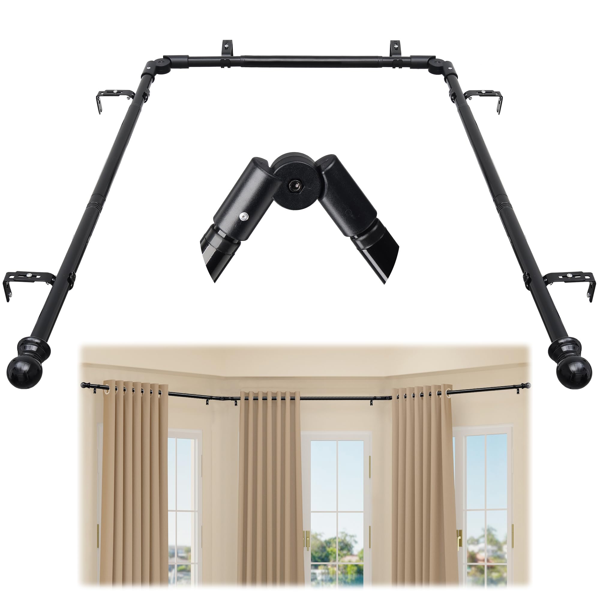 Bay Window Curtain Poles, Corner Curtain Pole Set, 2.5 cm U Shaped Curtain Rods Corner Window Curtain Rods Set, Black