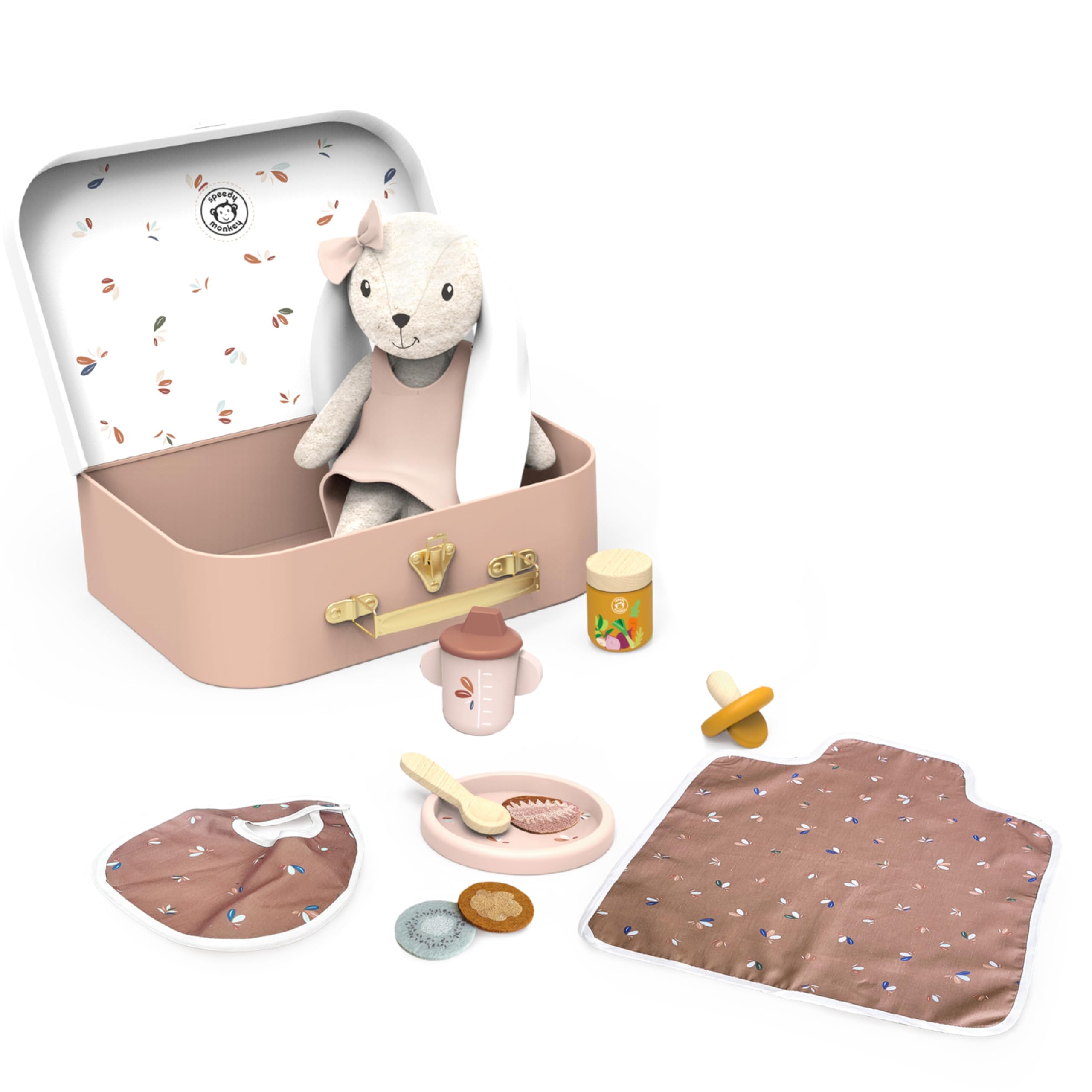 SPEEDY MONKEY My First Doll Set for Kids | Pretend Play FSC Wooden Toddler Toy | Rabbit Baby Doll Playset with Feeding Accessories, Bib & Diaper Pad | Role Play Gift Set for Girls & Boys Ages 3+ — image 1