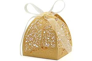 KPOSIYA Pack of 100 Laser Cut Rose Candy Boxes, Favor Boxes 2.5"x 2.5"x 3.1", Gift Boxes for Bridal Shower Anniverary Birthday Party Wedding Favor (100,Gold)