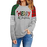 OCURHU Christmas Long Sleeve T Shirts for Women Plaid Striped Merry Christmas Shirt Cute Xmas Gifts Tee Grey XL