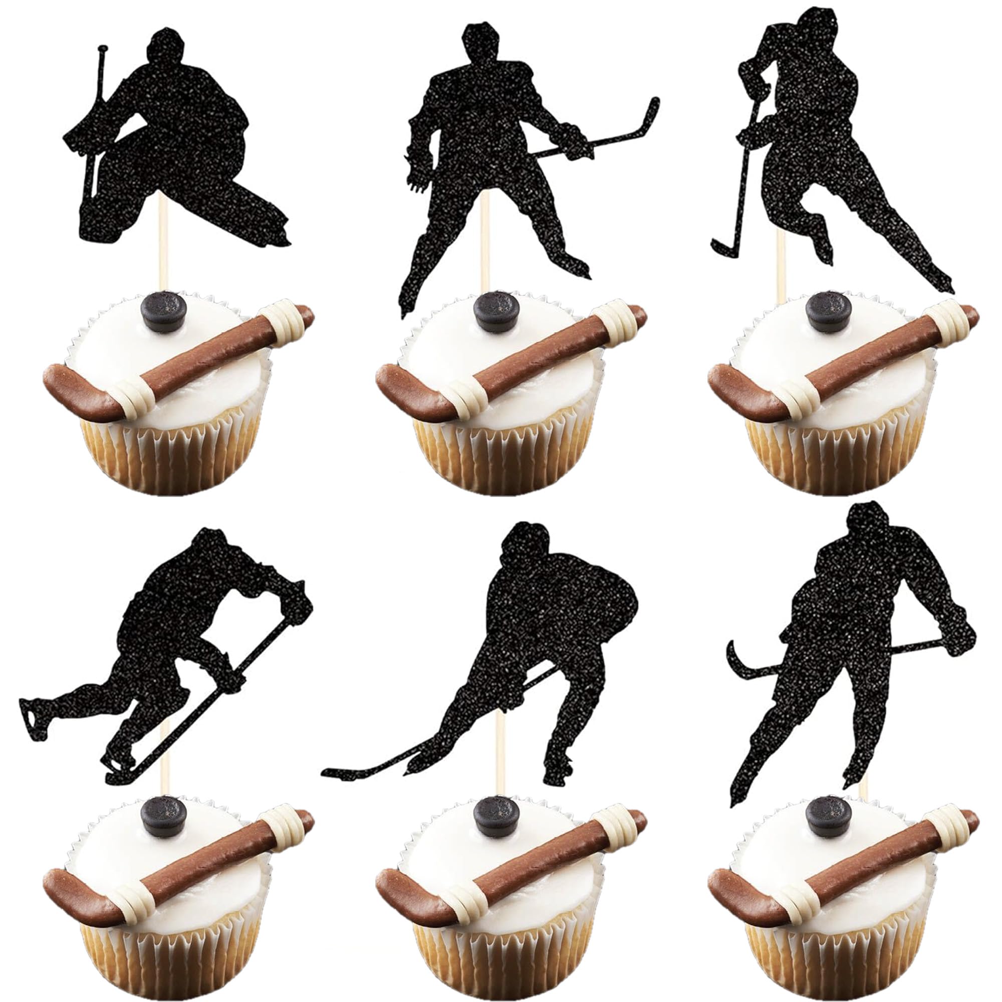 SYKYCTCY 24 Pack Hockey Cupcake Toppers Glitter Hockey Player Cupcake Topper Picks for Boys Ice Hockey Birthday Party Supplies Sport Themed Cake Decorations Black