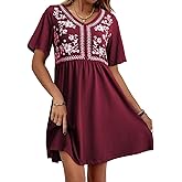 Dokotoo Womens Dresses Summer Casual V Neck Boho Floral Print Short Sleeve Babydoll Mini Dress A Line Beach Vacation Clothes