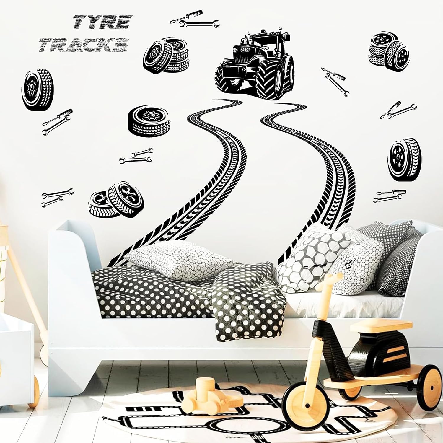 Tire Track & Tread Wall Decals - Tractor & Vehicle Wall Stickers - Removable Race Car Road Stickers for Boys Room & Kids Bedroom Decor