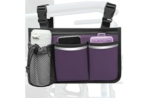 SHIFANQI Wheelchair Side Bag - Armrest Organizer Pouch With Cup Holder Attachment and Reflective Strip - Accessories for Wheelchairs, Walkers, Rollators (Purple)