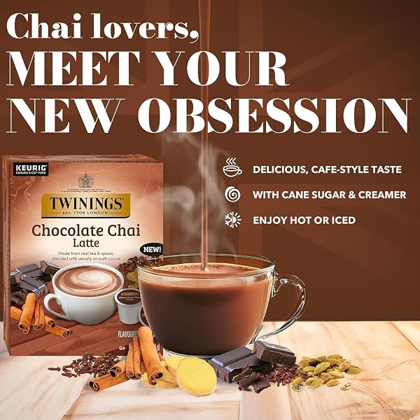 TWININGS CHOCOLATE CHAI LATTE TEA K-CUP PODS FOR KEURIG, VELVETY SMOOTH COCOA WITH REAL SPICED TEA, CAFFEINATED, ENJOY HOT OR ICED – 10 COUNT