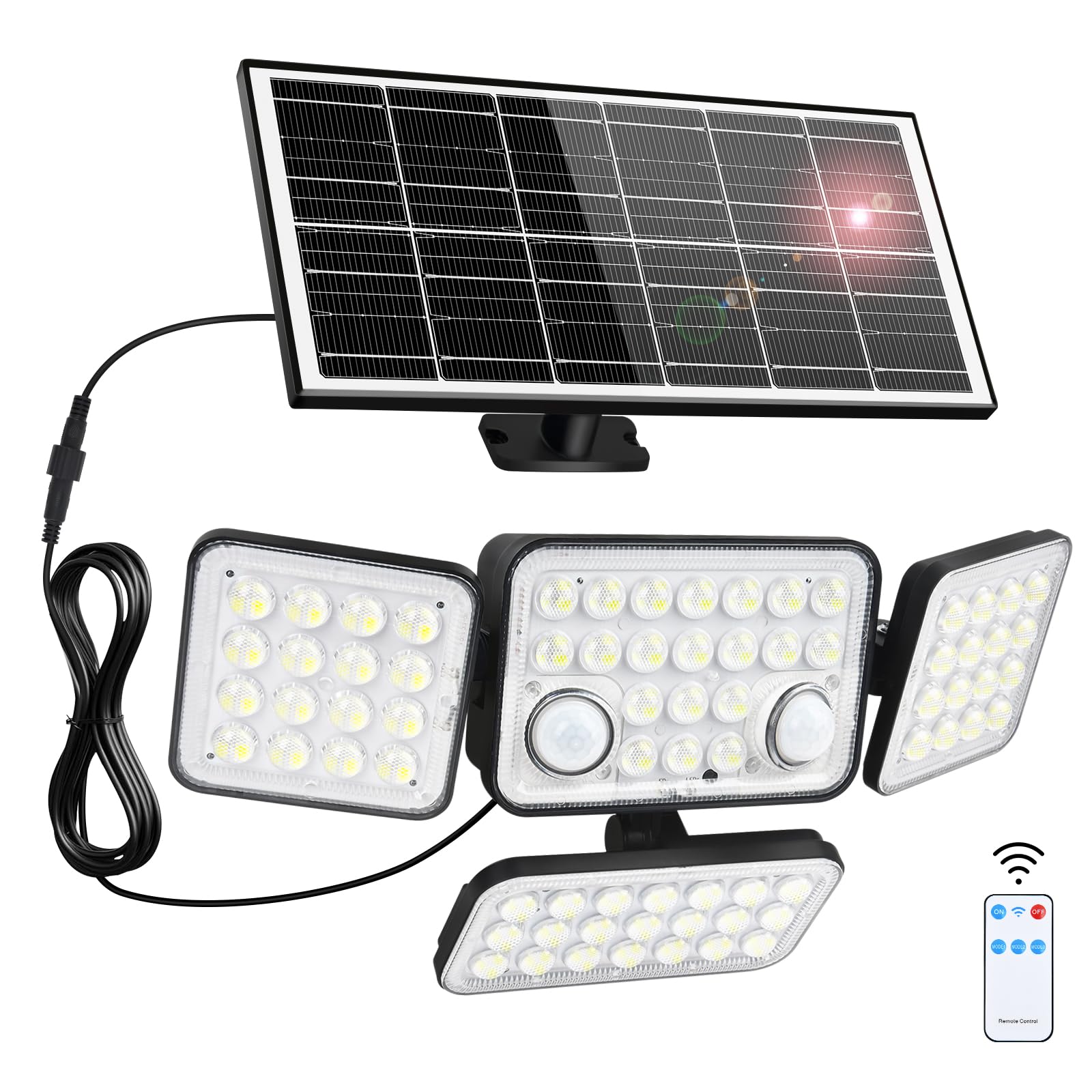Photo 1 of Aialun Solar Security Lights Outdoor with Dual Motion Sensor, 8500K 292 LEDs 4 Heads Split Solar Flood Lights with 16.4ft Cable&Remote Control, 3 Mode Flood Wall Lights for Backyard, Garage-1 Pack