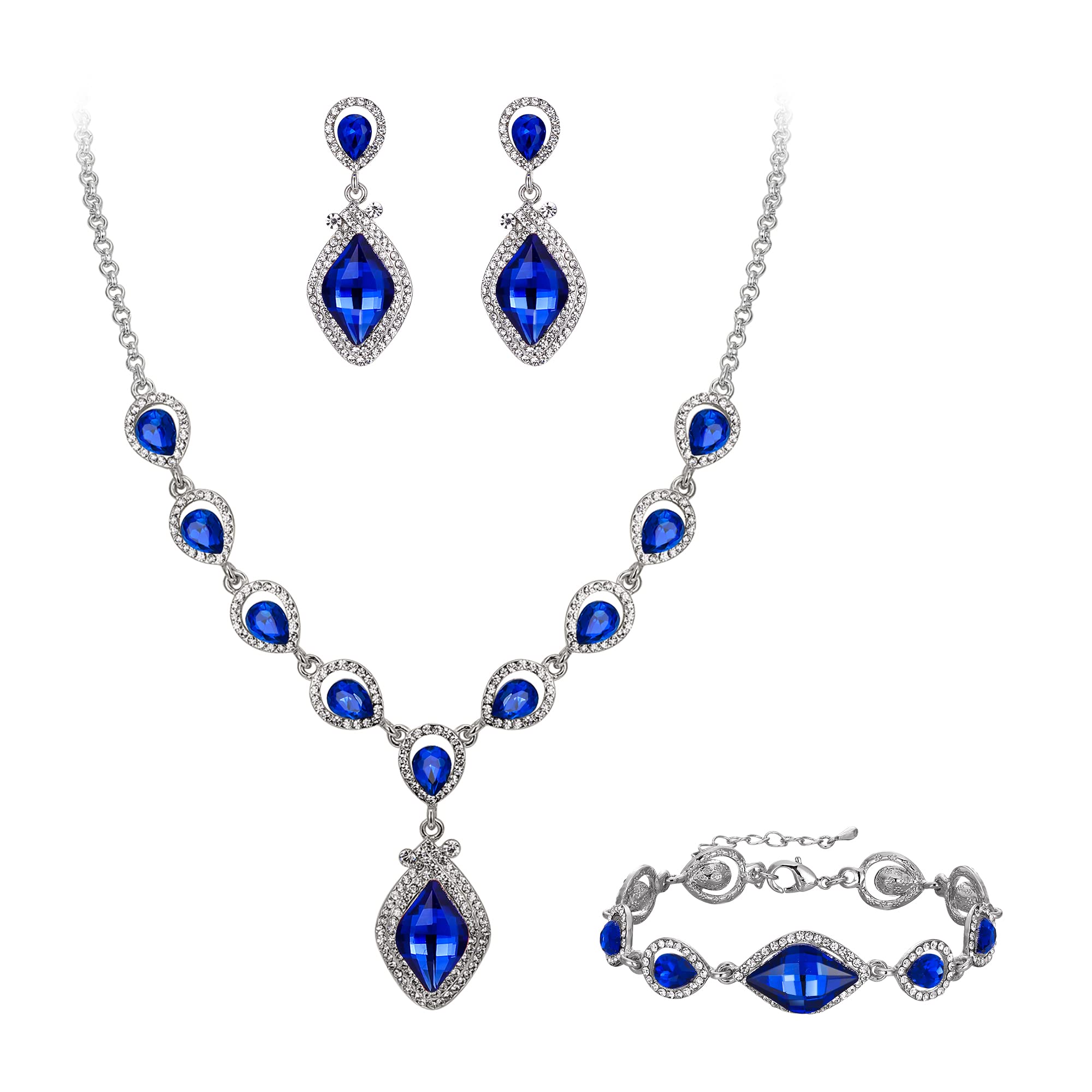 Ever Faith Blue Jewellery Set for Women, Sparkly Rhinestone Crystal Vintage Art Deco Marquise Teardrop Pendant Necklace Earrinigs Bracelet Set Costume Wedding Jewelry for Brides Bridal Silver-Tone