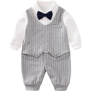 HUAANIUE Newborn Baby Boy Gentleman Romper Tuxedo Suit Outfit 0-24 Months | Faux-vest silhouette,bow tie,Decorative button fr