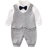 HUAANIUE Newborn Baby Boys Gentleman Romper One Piece Long Sleeve Bowtie Outfit Formal Wear Tuxedo Suit