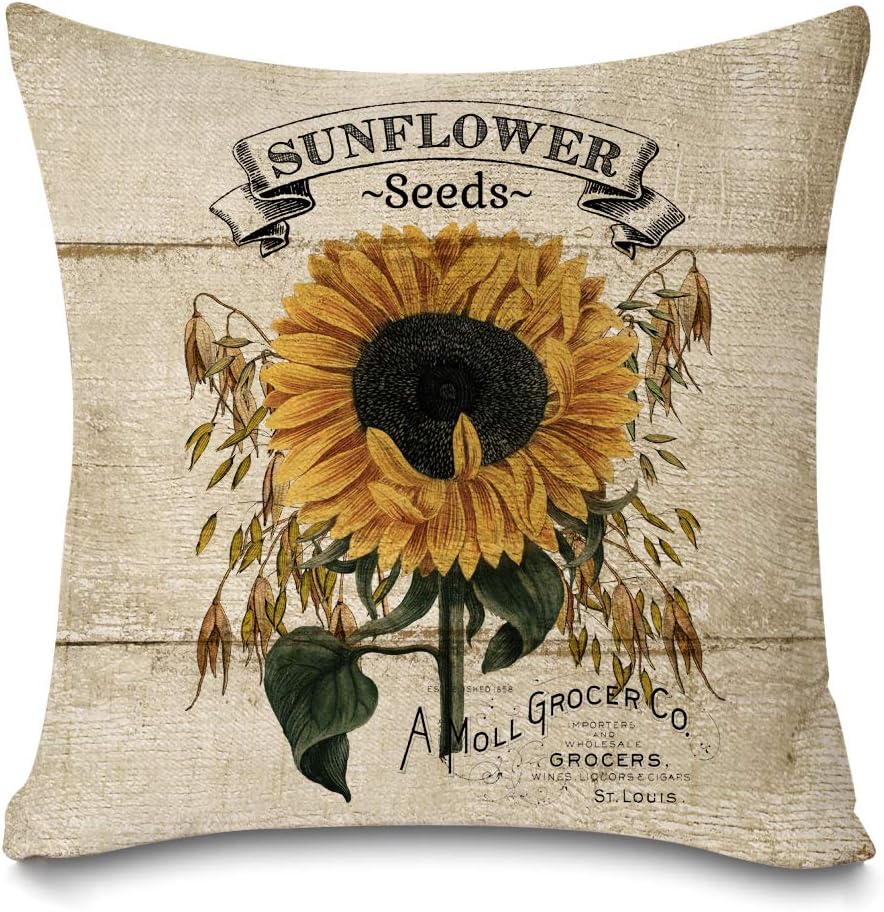 Rustic Farmhouse Sunflower Throw Pillow Covers Vintage Wood Sunflower Seeds Farmhouse Decorative Throw Pillow Cases Cushion Cover 18" X 18" (Sunflower)