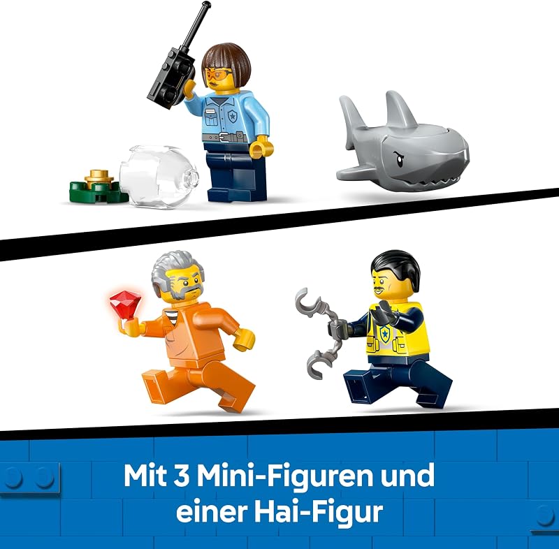 City Verfolgungsjagd im Polizeiboot – Spielset mit schwimmfähigem Schnellboot, Schlauchboot des Ganoven, 3 Mini-Figuren und Einer Haifigur – Geschenk für Jungen und Mädchen ab 6 Jahren – 60456