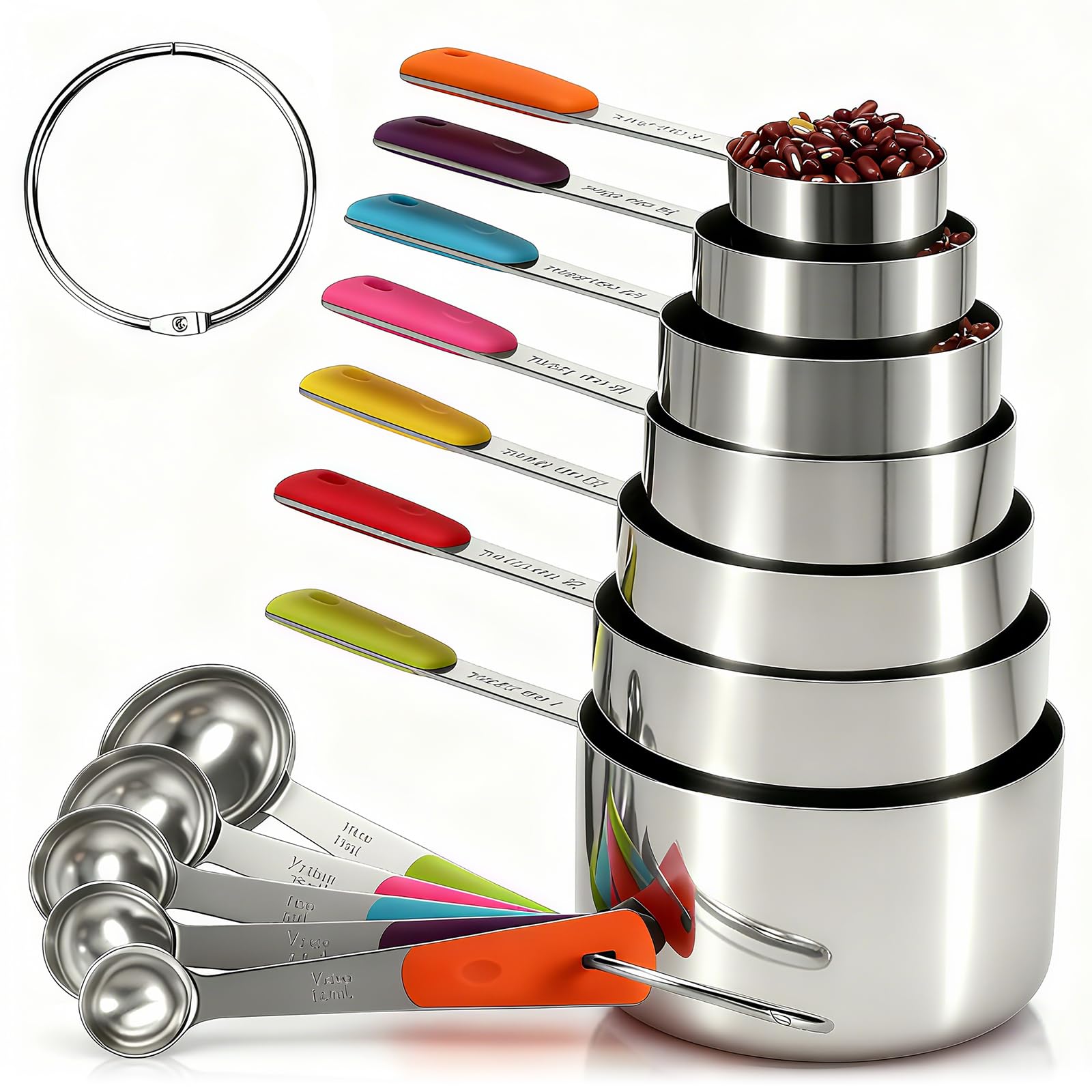 Bopei Measuring Cups and Spoons Set Stainless Steel 12 Piece for Cooking and Baking (7 Cups + 5 Spoons, Colorful Handles) Image