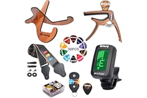 Guitar Accessories Kit: Wooden Stand, Strap, Clip-On Tuner, 3-in-1 Capo, 30 Picks for Acoustic, Electric Guitar, Bass & Ukule