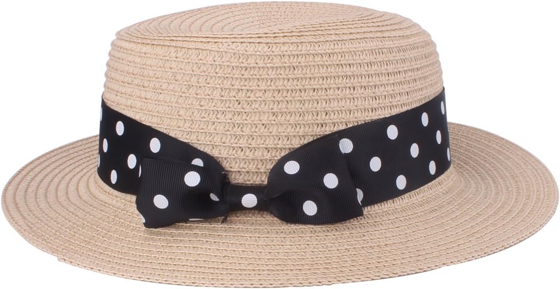 YOPINDO Lady Boater Hat Women's Straw Hat Bowknot Round Flat Top Brim Straw Hat Summer Beach Sun Cap