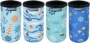 Bluecell Pack of 4 Neoprene Insulators Anchor Pattern Beer Can Coolers Sleeves for Drink Beverage Beer Cans (Anchor(4pcs), 8.4 oz)