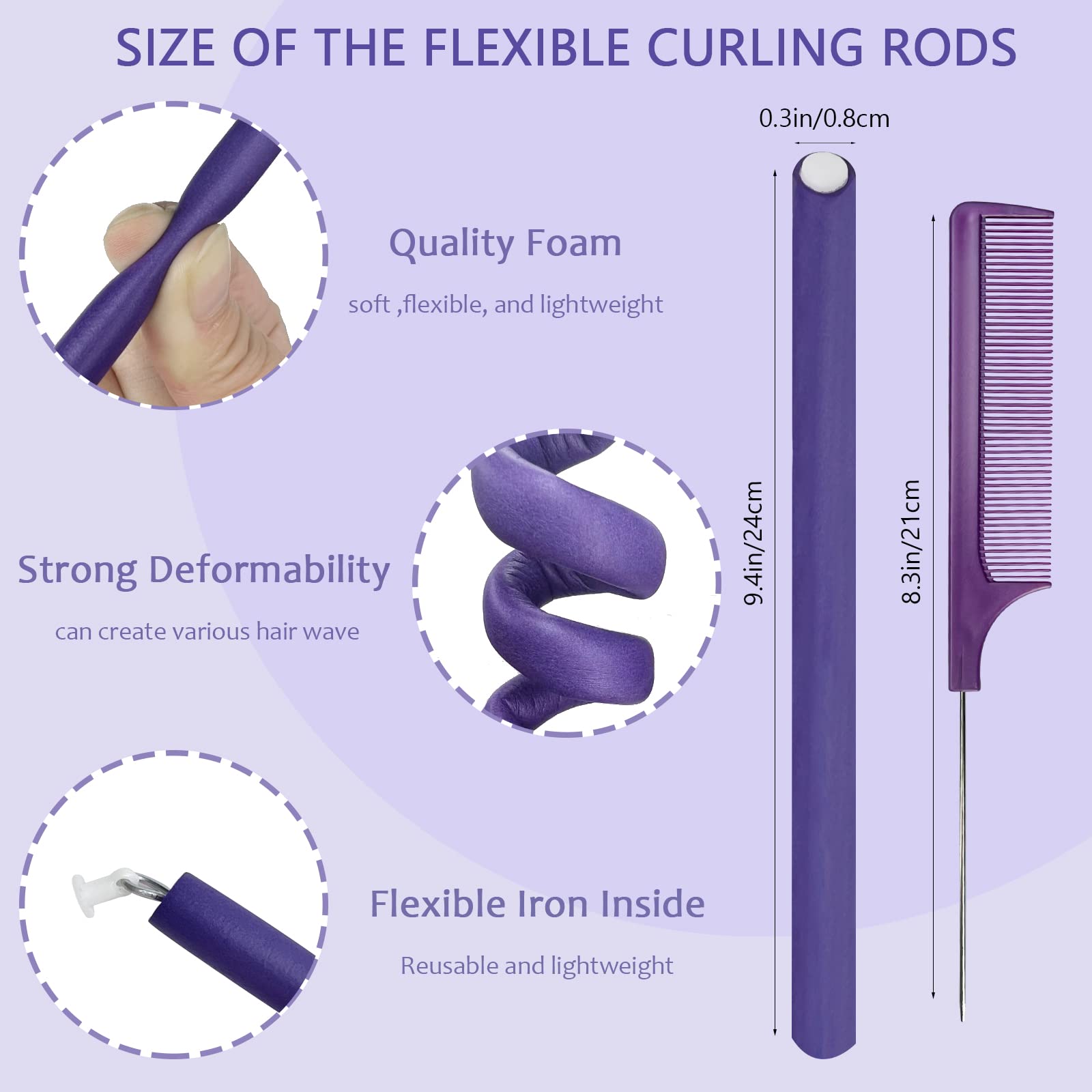 60 Pieces Flexible Curling Rods Twist Foam Flexi Rods No Heat Hair Rods Hair Rollers and Steel Pintail Rat Tail Comb for Long Hair Short Hair Women Girls (9.45 x 0.31, Purple)