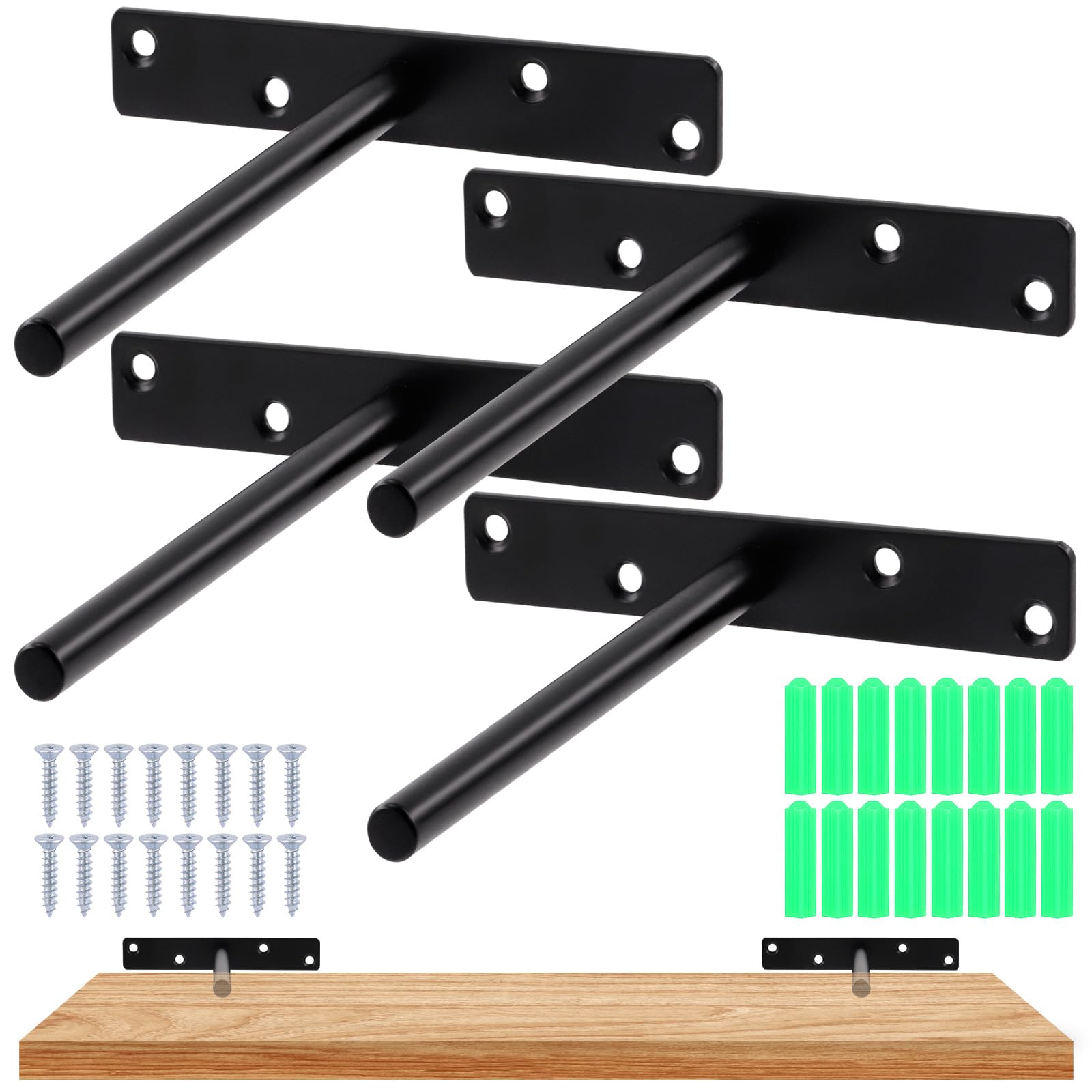 Mardatt 4Pack 6" Floating Shelf Bracket Hidden Brackets with Screws and Wall Anchors, Heavy Duty Floating Shelf Bracket Blind Shelf Supports Floating Mantel Mount for Floating Wood Shelves(Black)