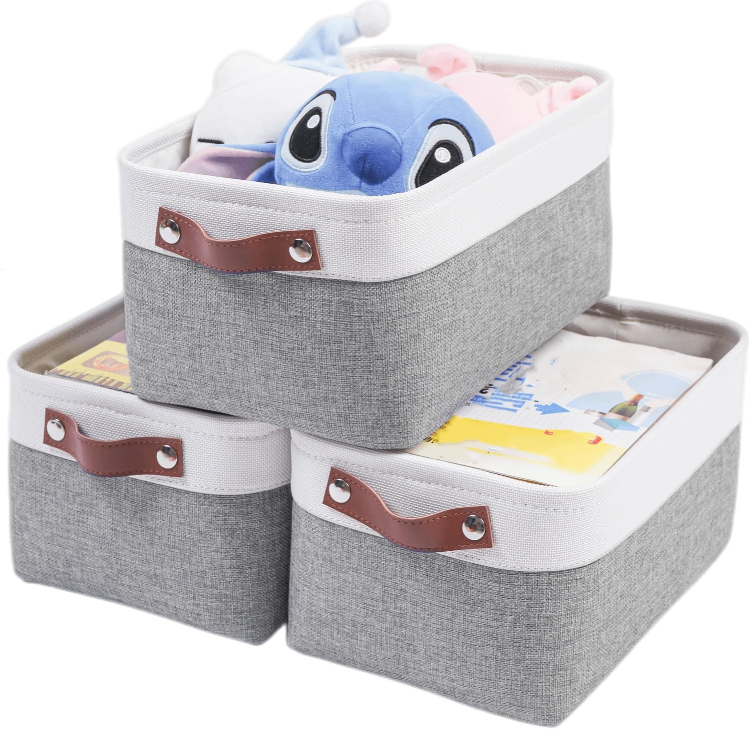 Mangata Canvas Storage Baskets Set of 3, Thickened Fabric Storage Box for Bedroom Wardrobe Shelf Socks Underwear(Grey/white, M)