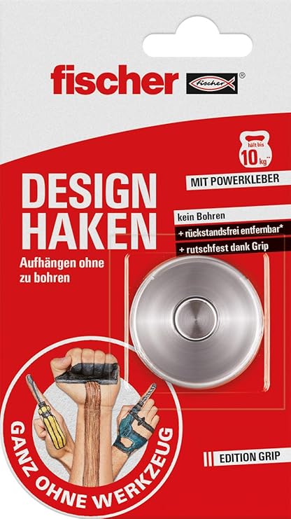 fischer DESIGN HAKEN (10 kg) - Leicht und schnell zu befestigen, vielseitig einsetzbar an Wand oder Tür, mit Klebepad und Gri
