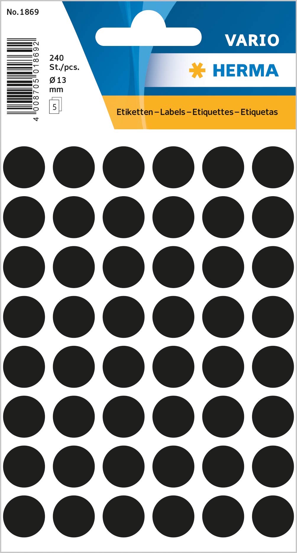 HERMA Dot Stickers Black, 240 Labels, 13 mm, 48 Labels per Sheet, Self-Adhesive Round Marking Dots for Color Coding Calendar