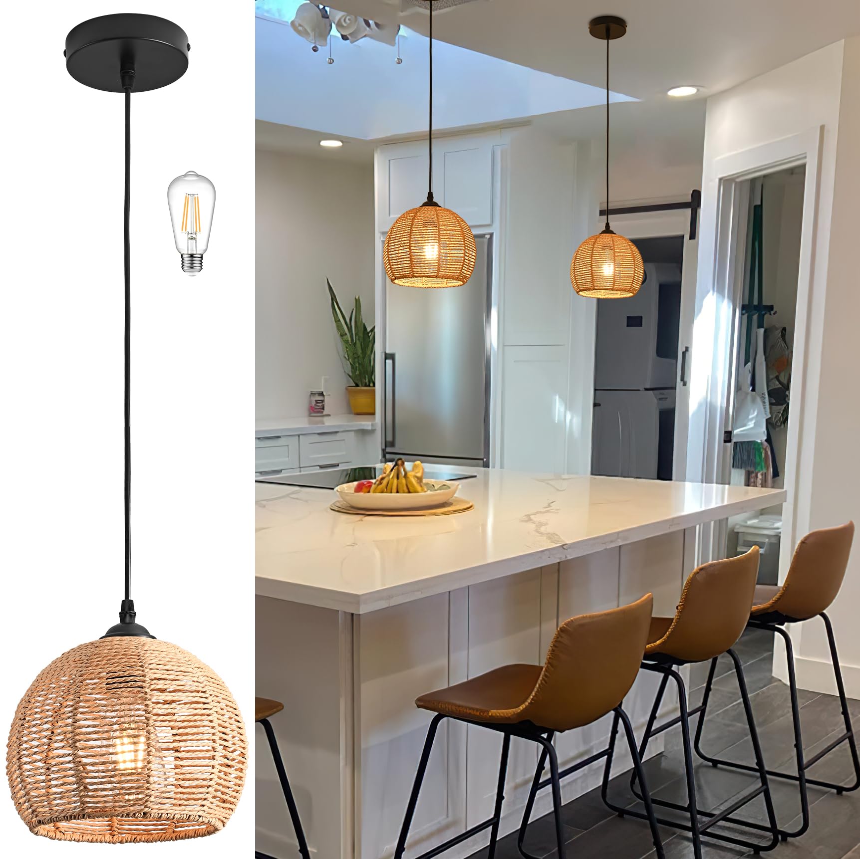 Photo 1 of AyshwillDec Mini Hemp Rope Woven Pendant Light Woven Light Fixture Boho Chandelier Light Fixture Wicker Pendant Light Rattan Light Pendant Dome Wicker Chandelier for Bedroom Kitchen Island(Bulb Incl.)