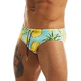 MIZOK Men's Sexy Bikini Swim Briefs Quick Dry Printed Swimsuit Beach Swimwear with Drawstring