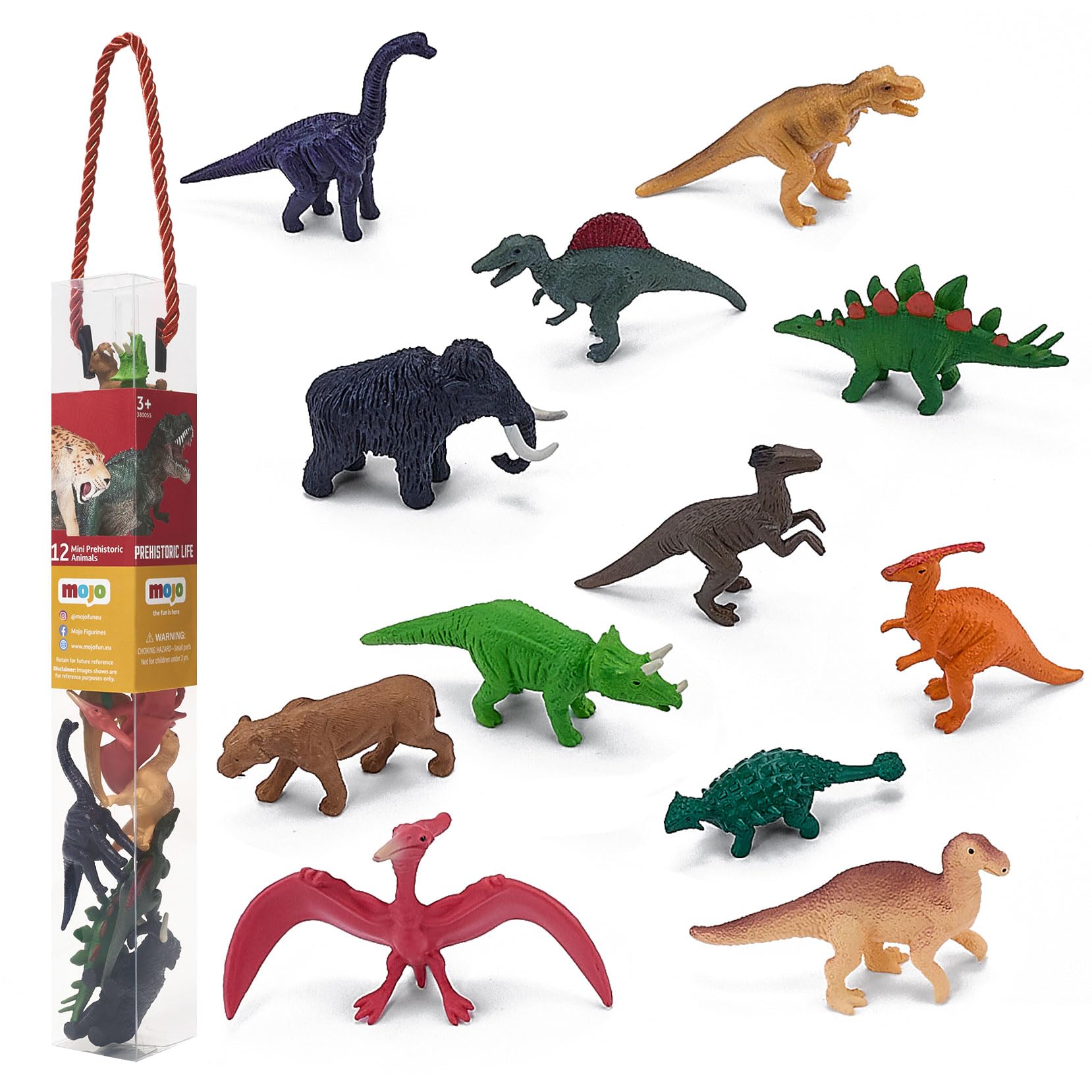 MOJO – Mini Dinosaur figure Mini Worlds Tube Playset 12pc T-Rex, Brachiosaurus, Spinosaurus, Mammoth, Tricerotops, Smilodon, Stegosaurus, Parasauralophus, Ankylosaurus | Dinosaurs Collection