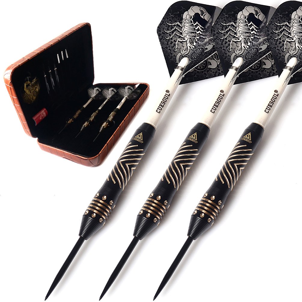 CUESOUL Black Scorpion Series 20g/22g/24g Professional Steel Tip Darts Set Brass Barrels Shockproof Deluxe PU Carry Case for Pub, Game Room & League Play(HX-SL-F3205L)