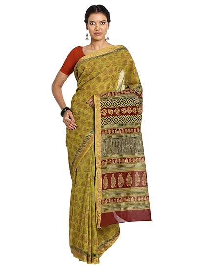 Finest Quality Cotton - Handmade Green base Saree and Maroon Booti with Zari Border - Bagh Block Print Saree with Blouse Piece