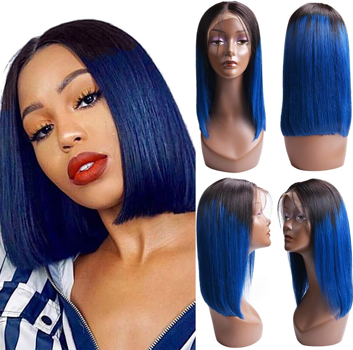Usexy Short Straight Lace Front Human Hair Bob Wigs Ombre Blue Color 130% Density 13x4 Lace Frontal Brazilian Virgin Hair Wig for Women 1B/BLue# 8 Inch Virgin Hair