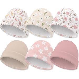 6 Pack Newborn Baby Hats Soft Cotton Infant Beanie Caps for Ages 0-6 Months | Printed and Solid Styles 5.9 x 5.5 Inch Hospita