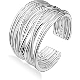 Zikichiky Silver Wide Overlapping Band Open Ring Stackable Cool Handmade Thumb Adjustable Rings for Women Men