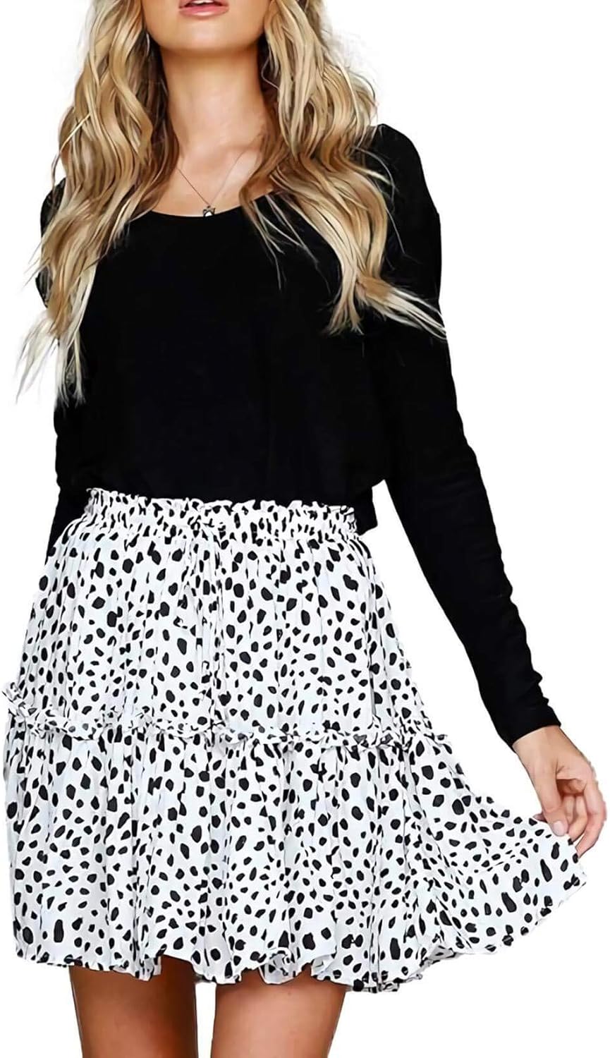 Alelly Women's Summer Cute High Waist Ruffle Skirt Floral Print Swing Beach Mini Skirt: Clothing