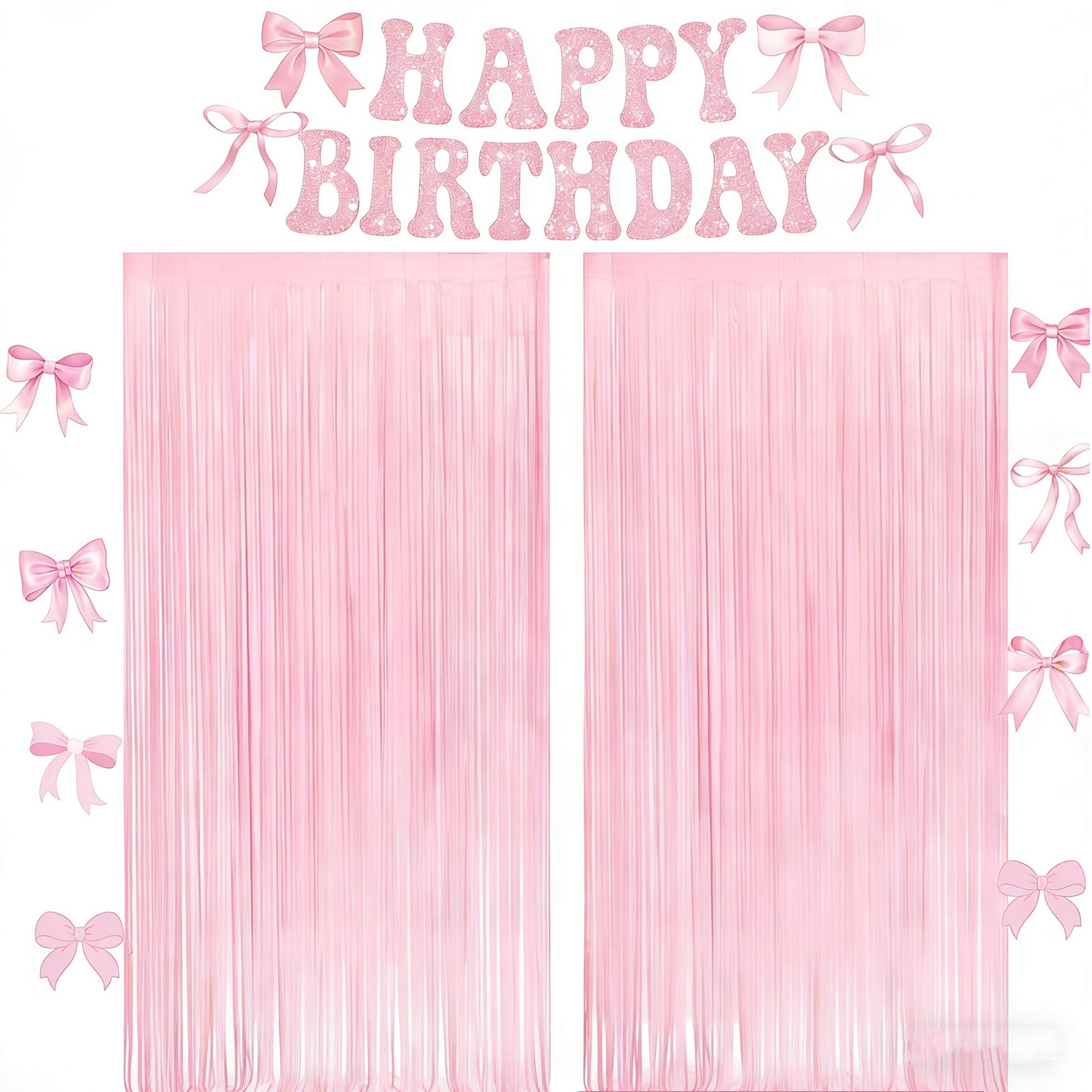 Bafutayawa Birthday Decorations Pink Set Happy Birthday Garland with Bow and 2 Fringe Curtains Sparkling Coquette Aesthetic Party Decor for Women Princess Photo Wall