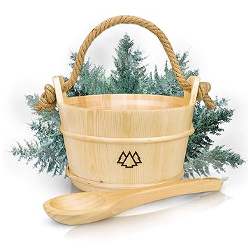Sauna Eimer mit Kelle aus 100% nordischer Fichte + Einsatz, Hanftrageseil & Gratis E-Book - Wellness Komplett Paket für deine