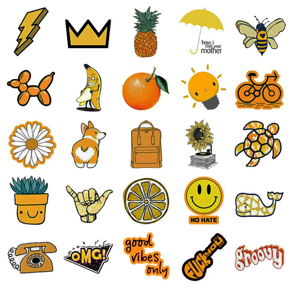 Trendy VSCO Vinyl Stickers for Laptop Water Bottles (50-Pack) Cute Aesthetic Waterproof Stickers for Hydroflask Phone Skateboard Guitar, Suitable for Girls, Kids, Teens, Adults (Yellow Series)