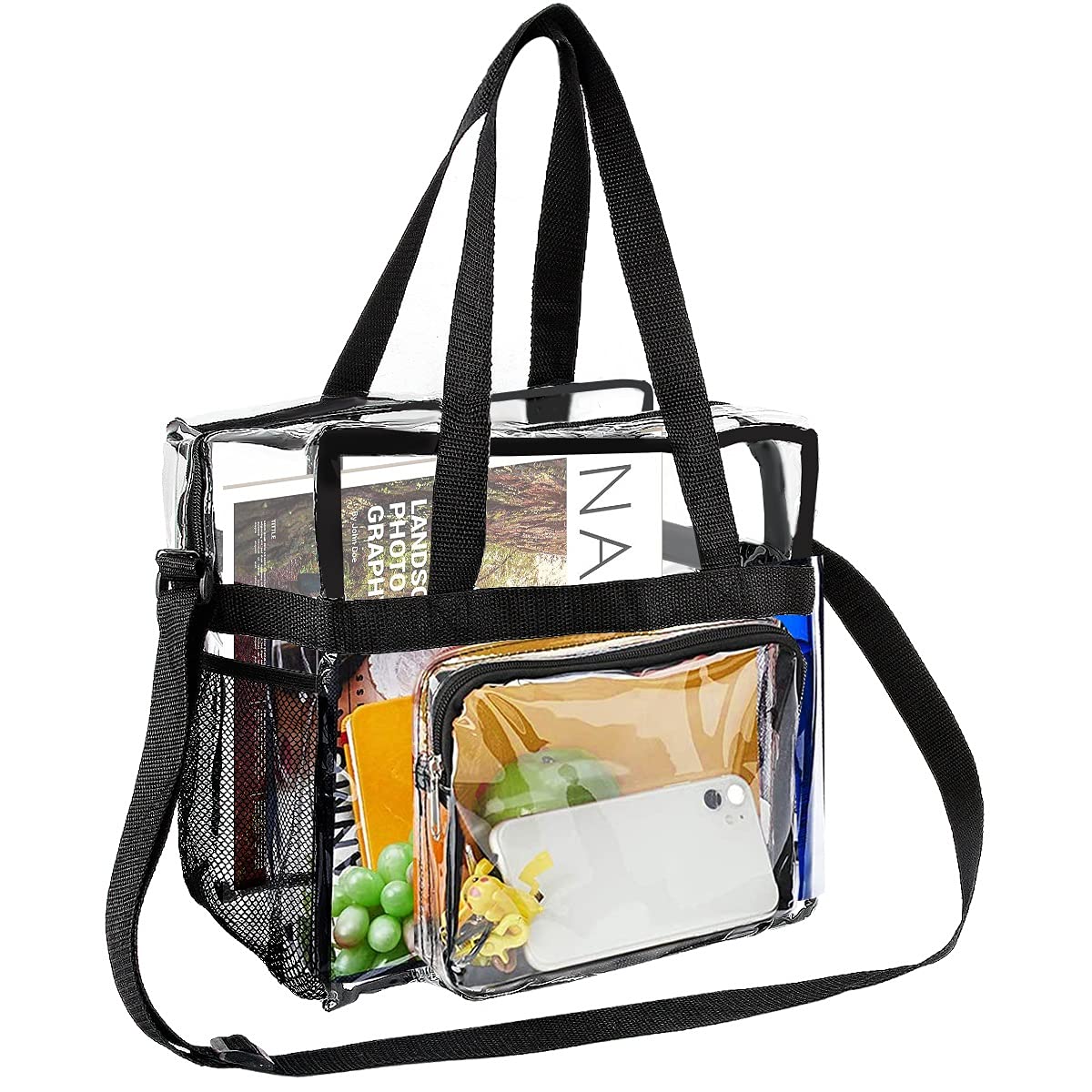 Clear Tote Bag, Large Toiletry Bags Clear Crossbody Makeup Bag Waterproof Transparent PVC Bag with Adjustable Shoulder Strap and Zipper Closure Perfect for Work, Sports Games, Concert (Black)
