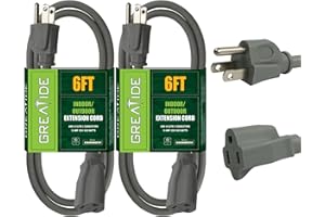 GREATIDE 6 FT Grey Outdoor Extension Cord with 3 Electrical Power Outlets - 16/3 SJTW Durable Green Cable with 3 Prong Grounded Plug, 2 Pack